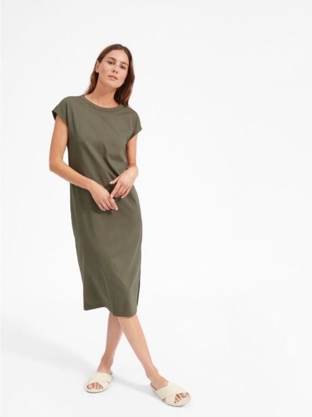 Everlane The Luxe Green Shift Midi Dress Olive Green Small